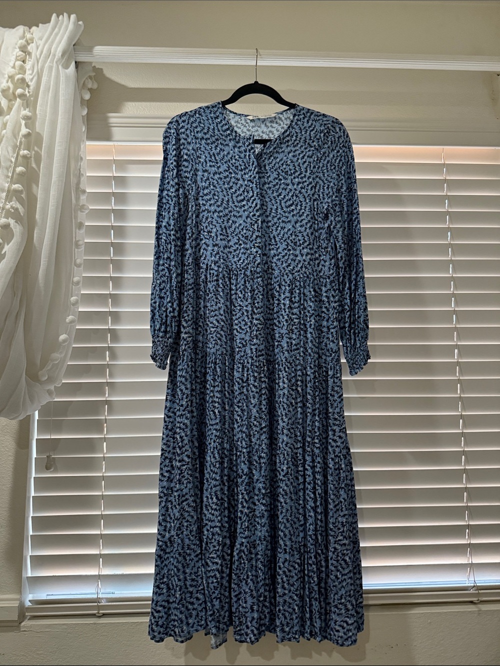 Zara Blue Printed Tiered Long Sleeve Maxi Dress